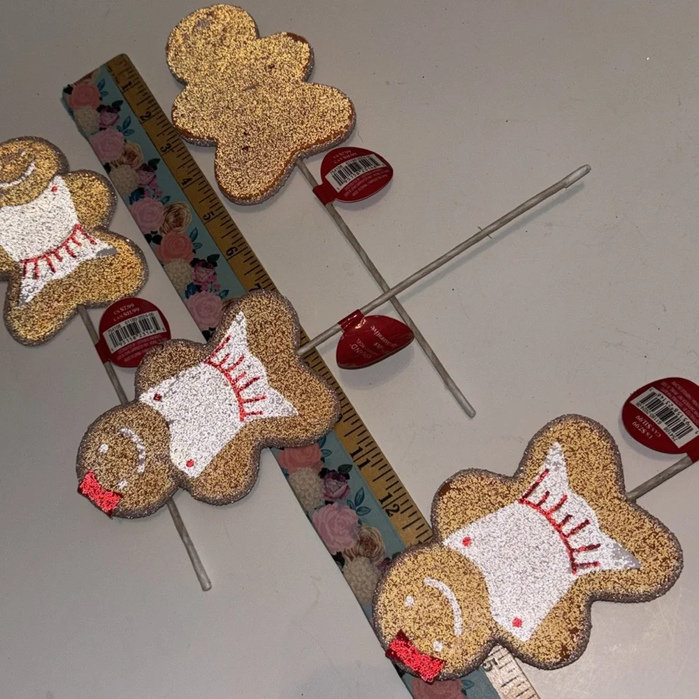 Gingerbread Man Picks Set of 13 Gingerbread Cookie Floral Tree Piks Glittery NWT